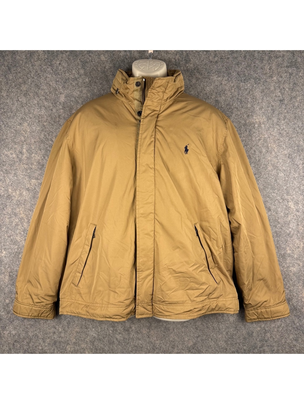 Vintage Polo Ralph Lauren Bomber Jacket Fleece Lining Hood Zip Tan Men XL 534